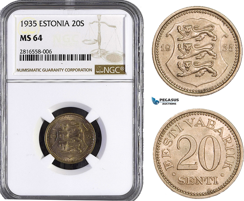 AB018, Estonia, 20 Senti 1935, NGC MS64