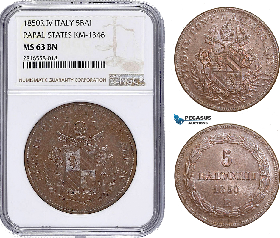 AB033, Italy, Papal, 5 Baiocchi 1850-R IV, Rome, NGC MS63BN