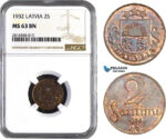 AB034, Latvia, 2 Santimi 1932, NGC MS63BN
