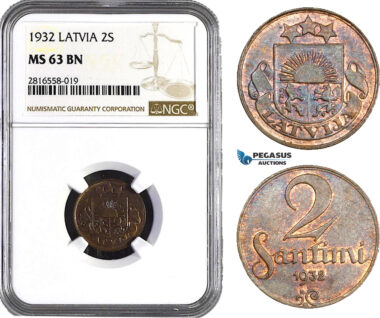AB034, Latvia, 2 Santimi 1932, NGC MS63BN