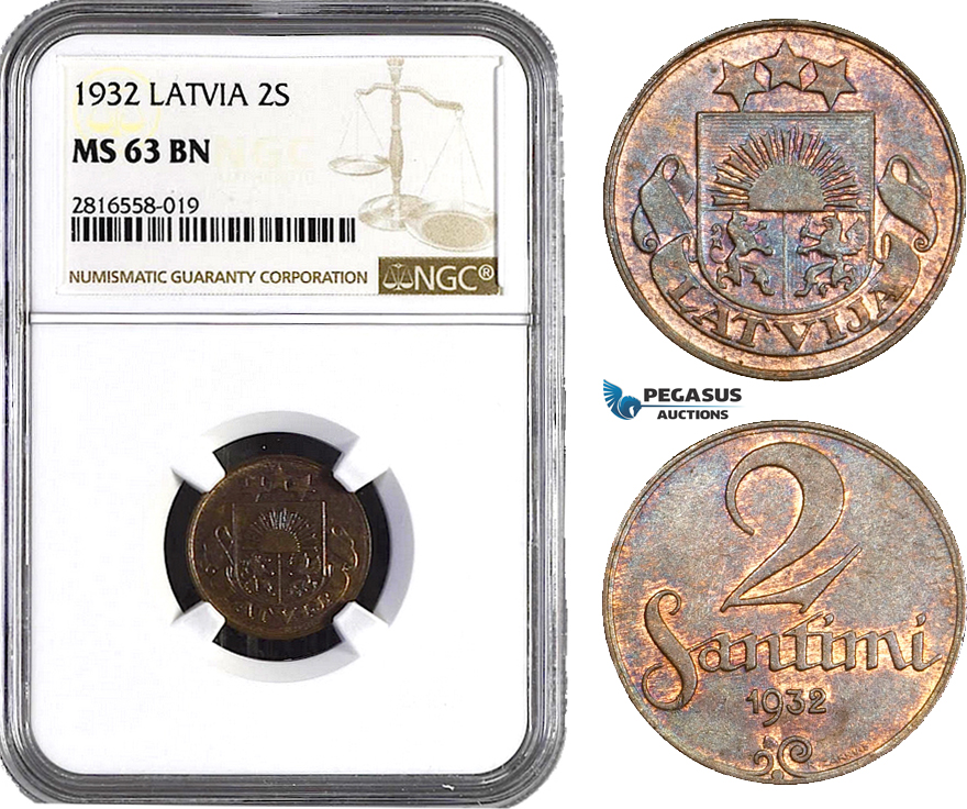 AB034, Latvia, 2 Santimi 1932, NGC MS63BN