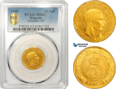 AB044, Romania, Carol II, 20 Lei 1940, Gold, PCGS MS62, Rare!