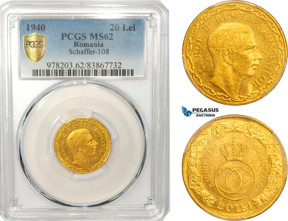 AB044, Romania, Carol II, 20 Lei 1940, Gold, PCGS MS62, Rare!