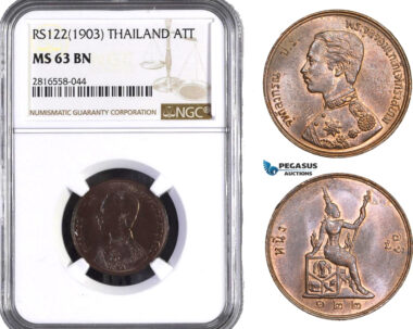 AB068, Thailand, Rama V, Att RS122 (1903) NGC MS63BN