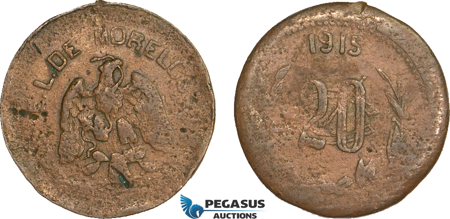 AB139, Mexico, Revolutionary, Morelos, Emiliano Zapata, 20 Centavos 1915, KM# 701, VF