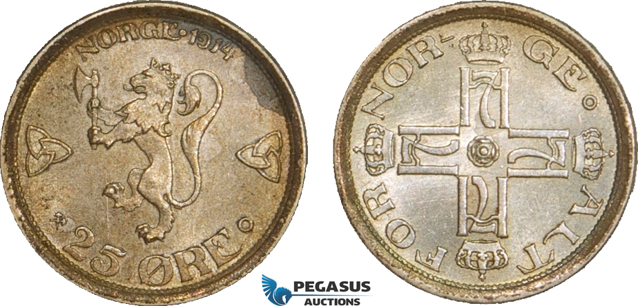 AB146, Norway, Haakon VII, 25 Øre 1914, Kongsberg, Silver, Toned aUNC (Stained)