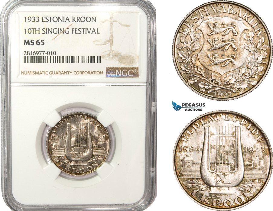 AB167, Estonia, 1 Kroon 1933, Silver, NGC MS65