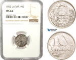 AB174, Latvia, 10 Santimi 1922, NGC MS64, Pop 2/2