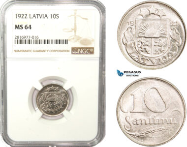 AB174, Latvia, 10 Santimi 1922, NGC MS64, Pop 2/2