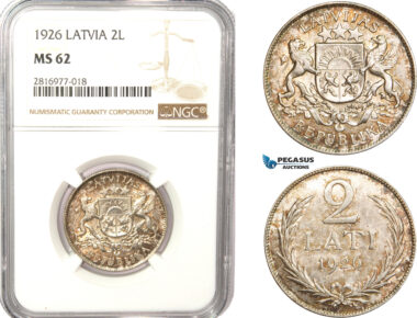 AB176, Latvia, 2 Lati 1926, Silver, NGC MS62