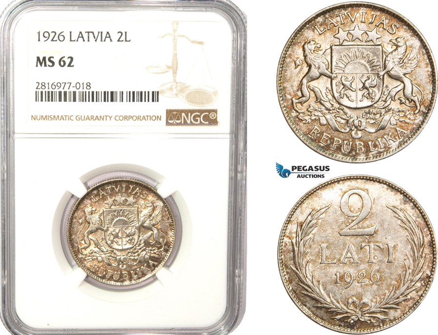 AB176, Latvia, 2 Lati 1926, Silver, NGC MS62
