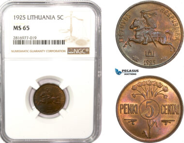 AB177, Lithuania, 5 Centai 1925, NGC MS65