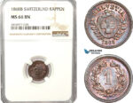 AB182, Switzerland, 1 Rappen 1868-B, Bern, NGC MS66BN, Pop 1/0, Finest!