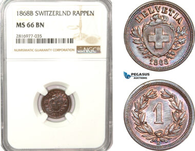 AB182, Switzerland, 1 Rappen 1868-B, Bern, NGC MS66BN, Pop 1/0, Finest!