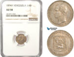 AB185, Venezuela, 1/4 Bolivar 1894-A, Paris, Silver, NGC AU58