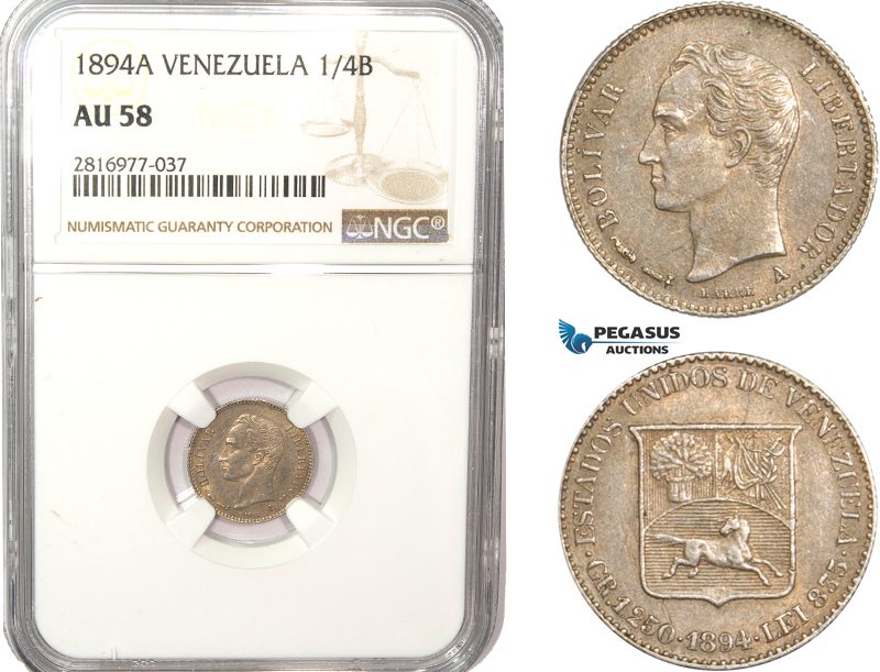 AB185, Venezuela, 1/4 Bolivar 1894-A, Paris, Silver, NGC AU58
