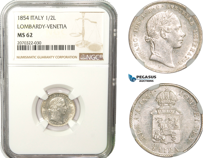 AB265, Italy, Lombardy-Venetia, Franz Joseph, 1/2 Lira 1854-V, Venice, Silver, NGC MS62, Rare!