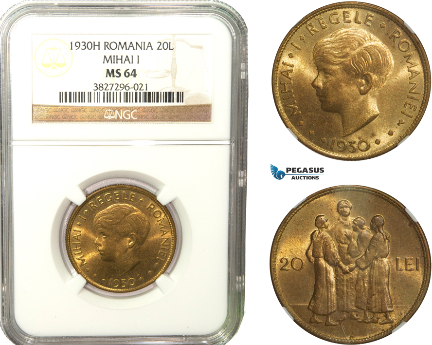 AB268, Romania, Mihai I, "Hora" 20 Lei 1930-H, Heaton, NGC MS64