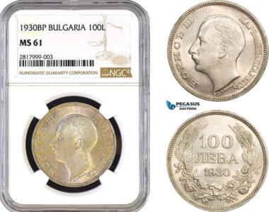 AB291, Bulgaria, Boris III, 100 Leva 1930-BP, Budapest, Silver, NGC MS61