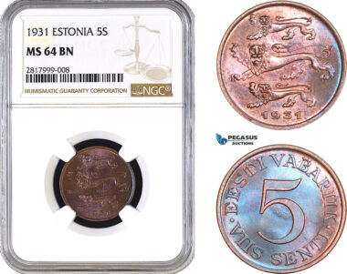 AB296, Estonia, 5 Senti 1931, NGC MS64BN