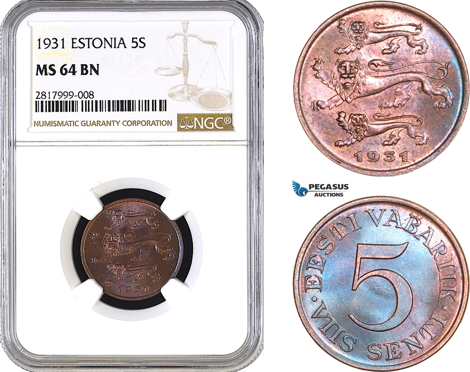 AB296, Estonia, 5 Senti 1931, NGC MS64BN