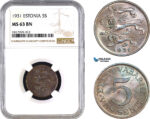 AB300, Estonia, 5 Senti 1931, NGC MS63BN