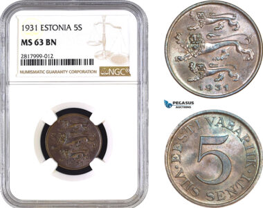 AB300, Estonia, 5 Senti 1931, NGC MS63BN