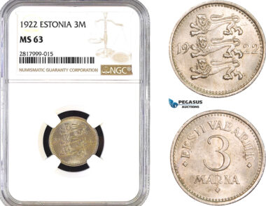 AB303, Estonia, 3 Marka 1922, NGC MS63