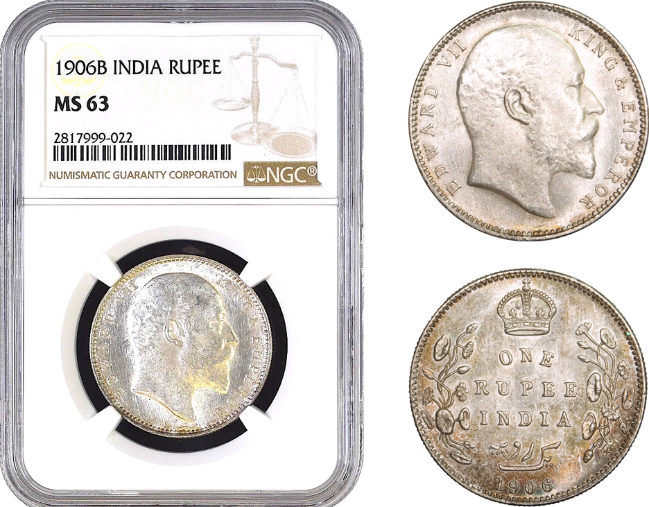 AB311, India, Edward VII, Rupee 1906-B, Bombay, Silver, NGC MS63