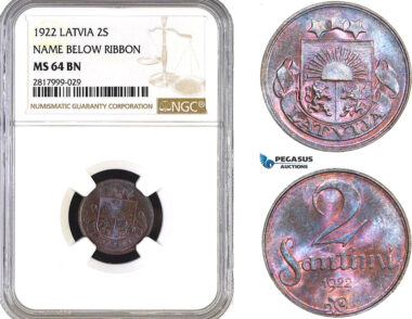 AB318, Latvia, 2 Santimi 1922, NGC MS64BN