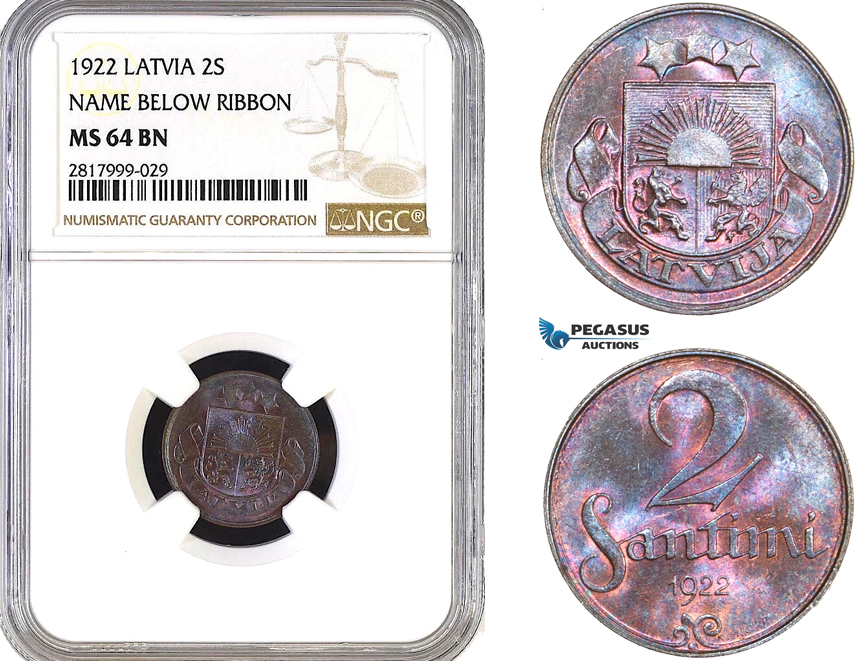 AB318, Latvia, 2 Santimi 1922, NGC MS64BN