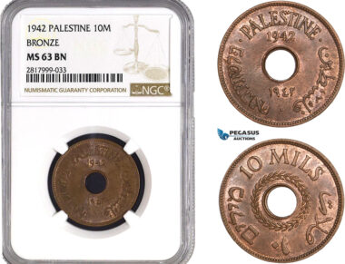 AB322, Palestine, 10 Mils 1942, London, Bronze, NGC MS63BN