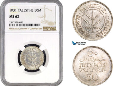 AB324, Palestine, 50 Mils 1931, London, Silver, NGC MS62, Very Rare!