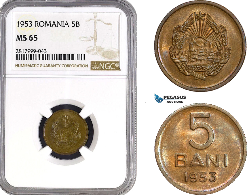 AB332, Romania, 5 Bani 1953, NGC MS65
