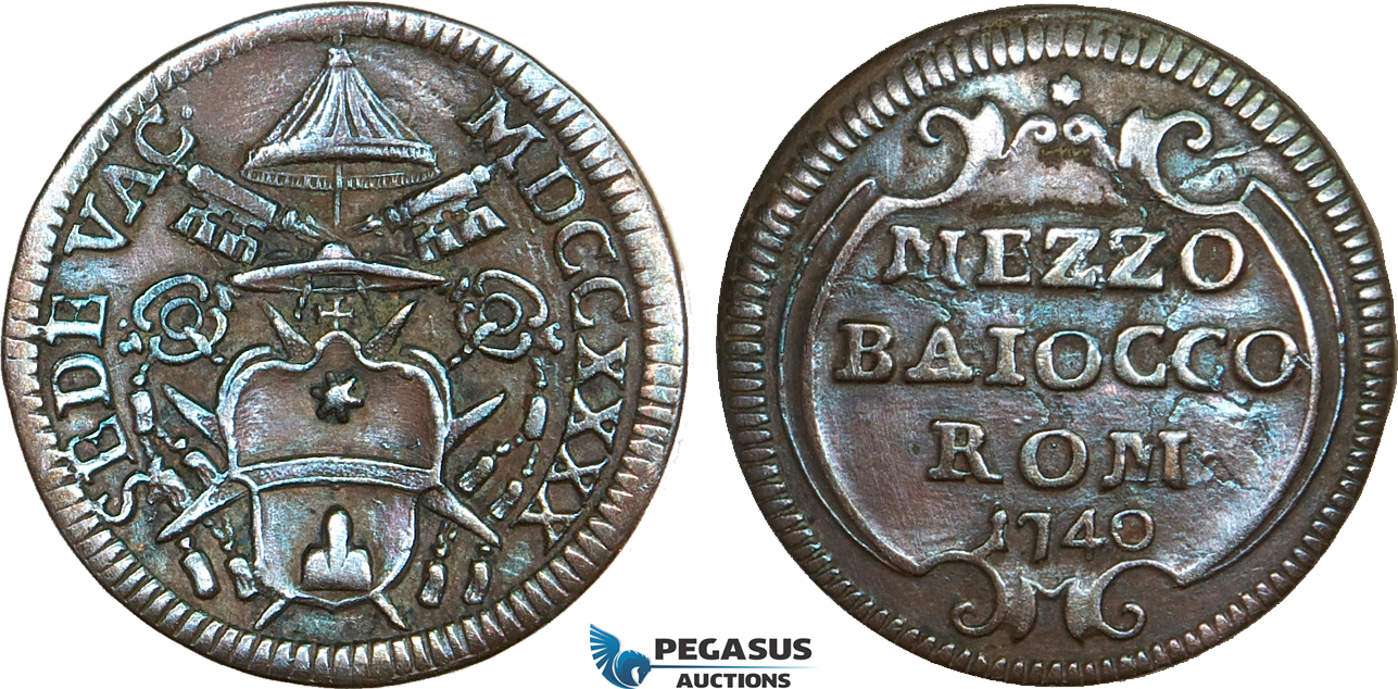 AB360, Italy, Papal, Sede Vacante, 1/2 Baiocco 1740, Rome, Brown AU