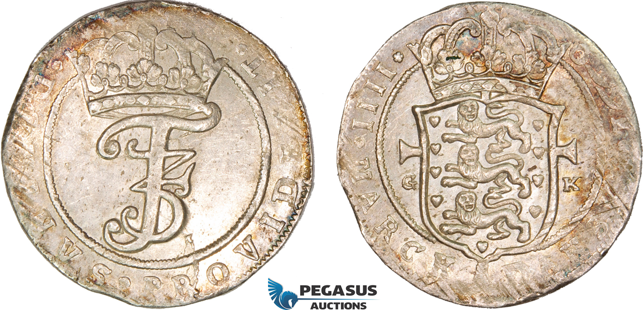 AB418, Denmark, Frederik III, Krone (4 Mark) 1669 GK, Silver (21.12g) Hede 113A, Toned EF
