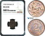AB451, Estonia, 2 Senti 1934, NGC MS64BN