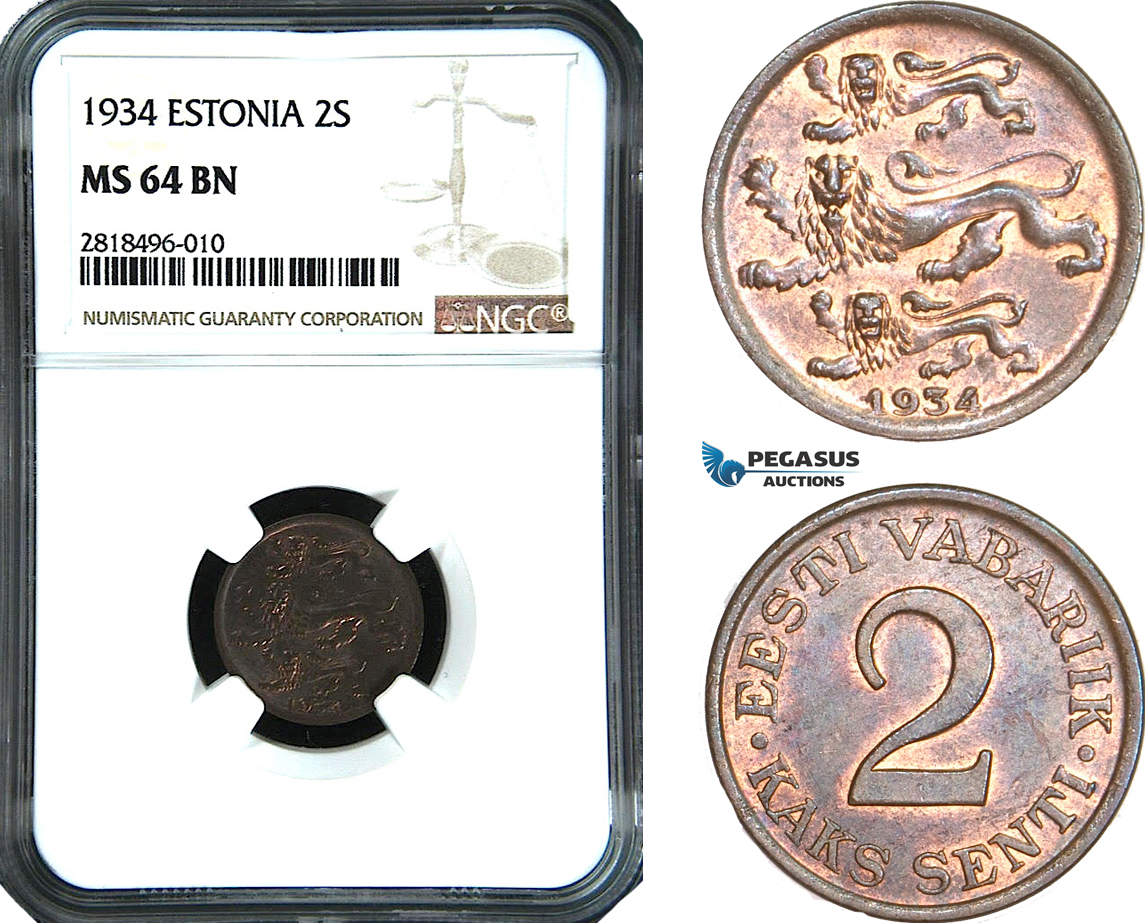 AB451, Estonia, 2 Senti 1934, NGC MS64BN