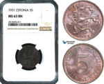 AB452, Estonia, 5 Senti 1931, NGC MS63BN