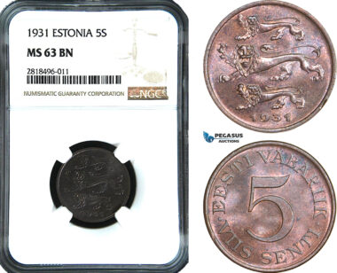 AB452, Estonia, 5 Senti 1931, NGC MS63BN