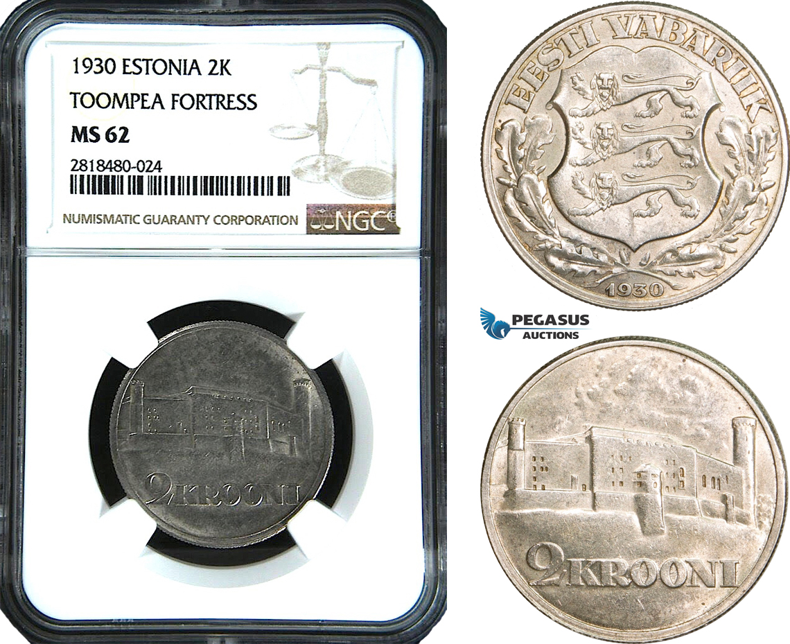 AB460, Estonia, 2 Krooni, Silver, NGC MS62