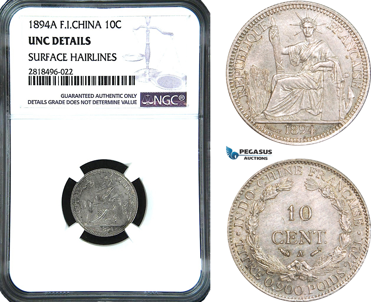 AB471, French Indo-China, 10 Centimes 1894-A, Paris, Silver, NGC UNC Details
