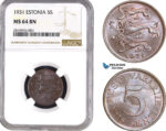 AB529, Estonia, 5 Senti 1931, NGC MS64BN