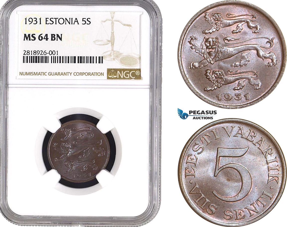 AB529, Estonia, 5 Senti 1931, NGC MS64BN