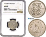 AB532, Estonia, 5 Mark 1922, NGC MS63, Tilted Rosette to left & broken B, Rare!