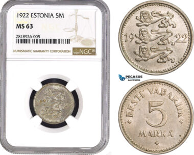 AB532, Estonia, 5 Mark 1922, NGC MS63, Tilted Rosette to left & broken B, Rare!