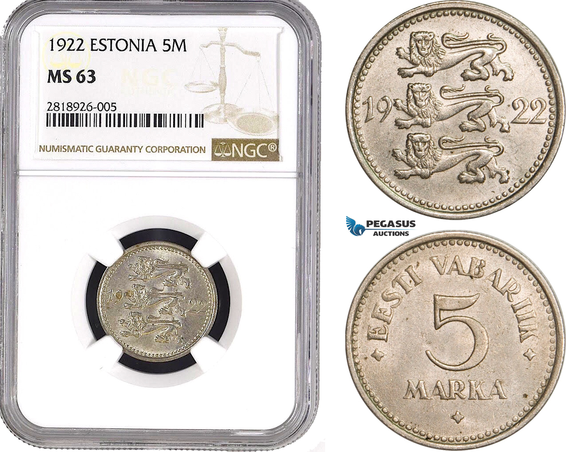 AB532, Estonia, 5 Mark 1922, NGC MS63, Tilted Rosette to left & broken B, Rare!