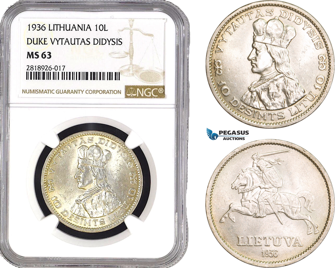 AB545, Lithuania, 10 Litu 1936, Silver, NGC MS63