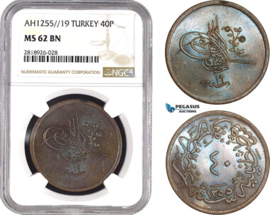 AB557, Ottoman Empire (Turkey) Abdülmecid, 40 Para AH1255/19, NGC MS62BN, Pop 1/0
