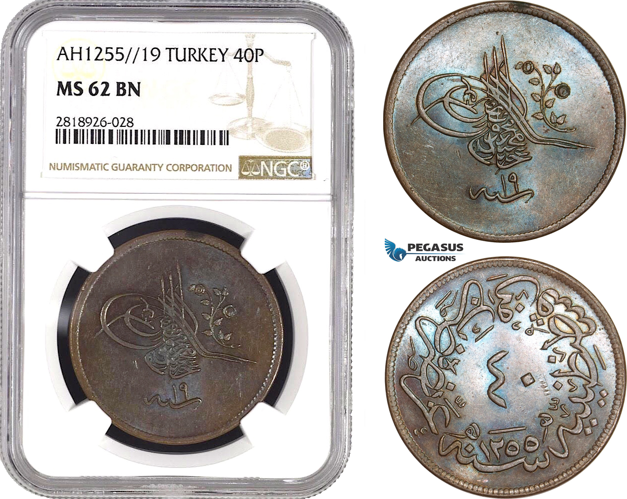 AB557, Ottoman Empire (Turkey) Abdülmecid, 40 Para AH1255/19, NGC MS62BN, Pop 1/0